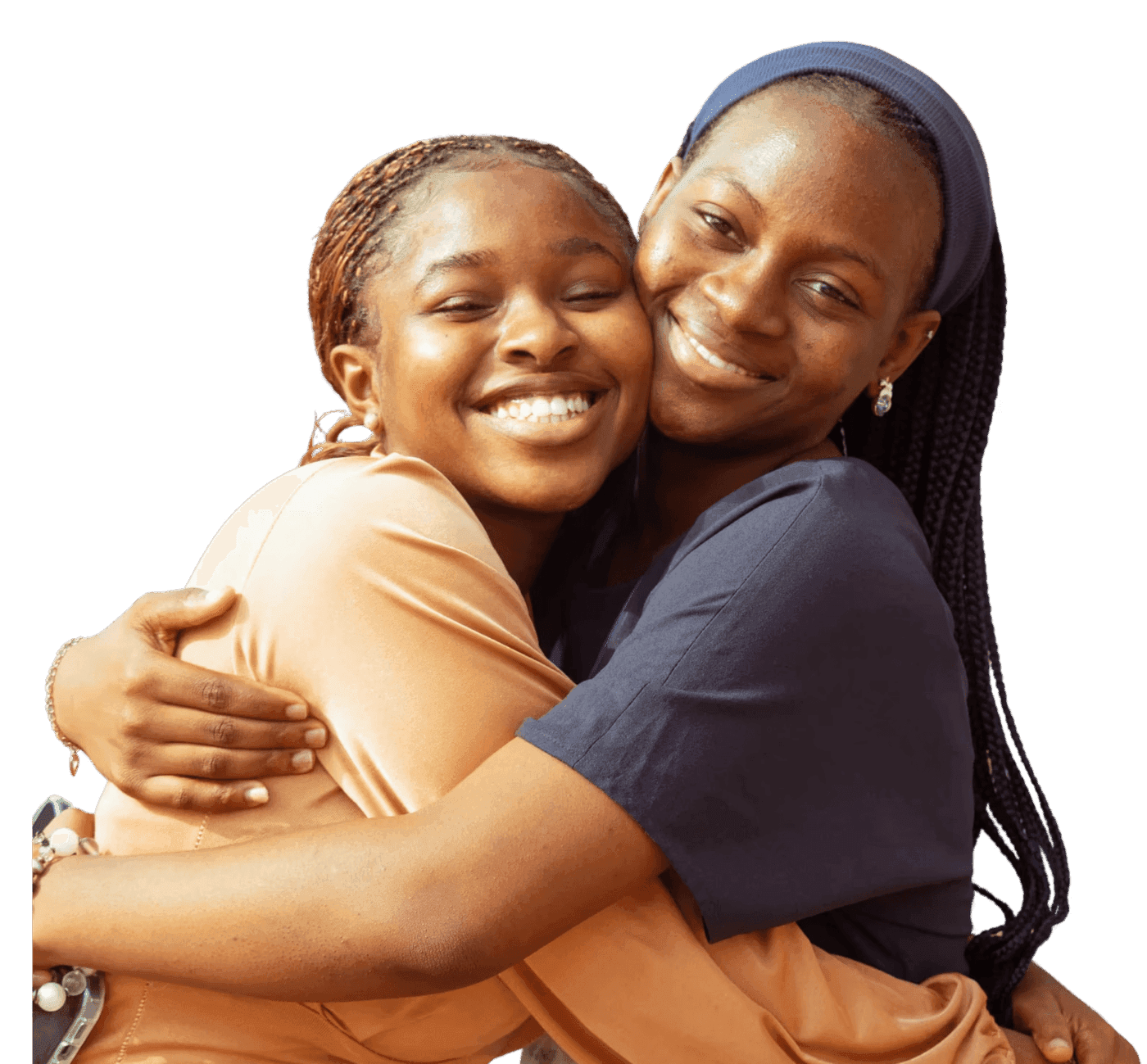 Two students from the fellowship embracing